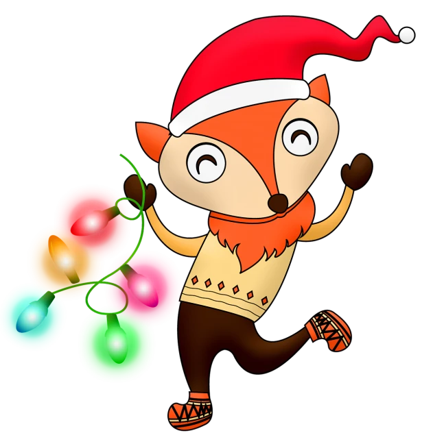 a cartoon fox holding a bunch of christmas lights, a digital rendering, by Kanbun Master, pixabay, bauhaus, fruit, actor, fun - w 704, wearing festive clothing