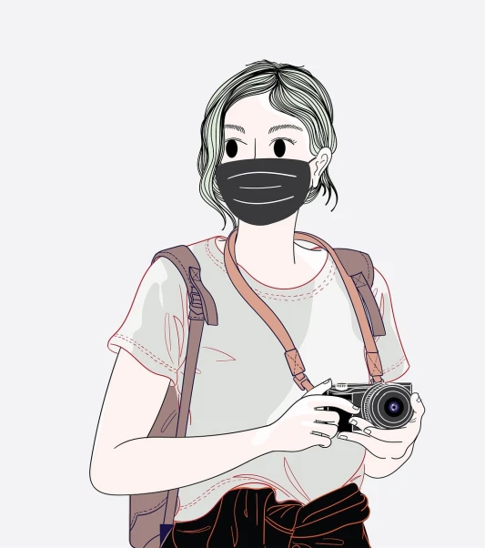 a woman wearing a face mask holding a camera, inspired by Taiyō Matsumoto, high quality illustration, wearing dirty travelling clothes, professional high quality scan, photo of the girl