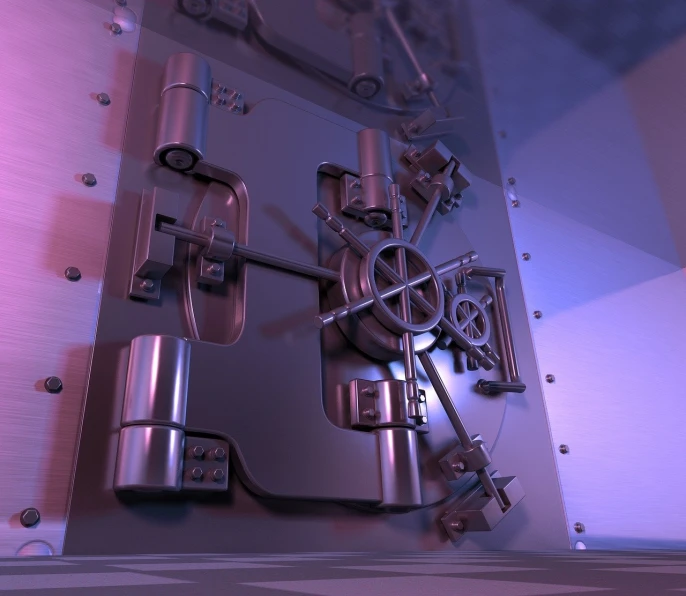 a metal wall mounted to the side of a building, a 3D render, polycount, conceptual art, set in bank vault room, pink violet light, lock, 3 d close - up