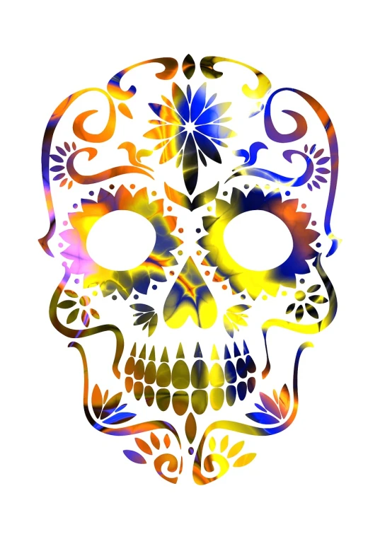 a colorful sugar skull on a white background, art deco, tie-dye, stylized silhouette, 🎨🖌️, made out of shiny white metal