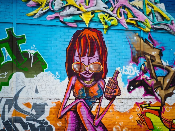 a woman standing in front of a wall covered in graffiti, graffiti art, by Craola, street art, female death holding a cocktail, evil. vibrant colors. cute, velma, bong