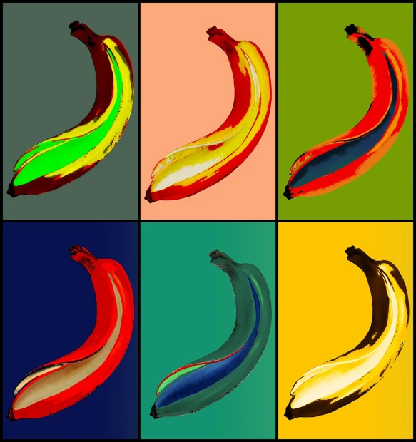 a bunch of bananas that are painted in different colors, a pop art painting, inspired by Andy Warhol, flickr, pop art, in a style combining botticelli, six packs, glossy digital painting, reggae