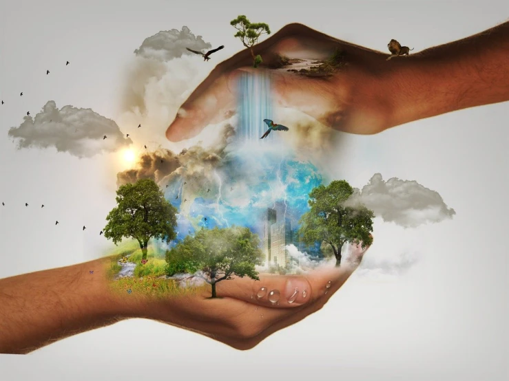 a person holding a piece of art in their hands, a picture, by derek zabrocki, shutterstock, ecological art, water manipulation photoshop, hd illustration, permaculture, watch photo