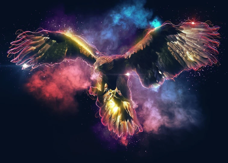 a bird that is flying in the sky, digital art, by Zahari Zograf, shutterstock, digital art, colorful nebula, bald eagle, dark energy, mystic illustration