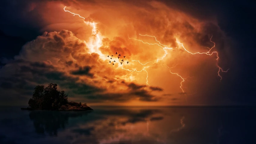 a group of birds flying over a body of water, by Eugeniusz Zak, pexels, romanticism, lightning clouds, pc wallpaper, goddess of lightning, orange clouds