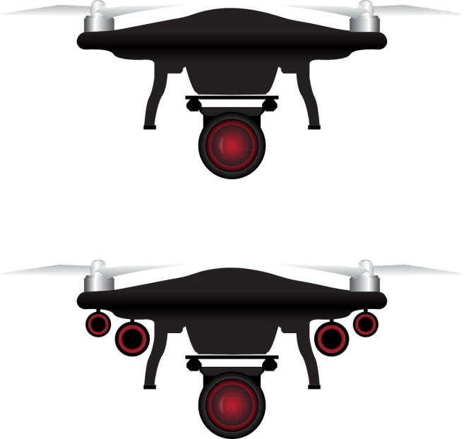 a black and white image of a quadcopter, inspired by Sōtarō Yasui, eyes are glowing red lightbulbs, vectorized, front and back view, color aerial photo drone