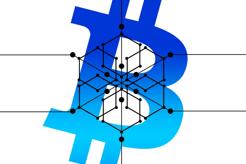 a blue bitcoin on a black background, by David Budd, generative art, stylized silhouette, logo art, brom redshift, lattice