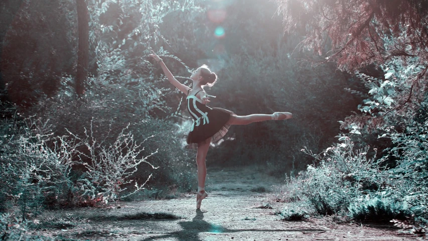 a woman that is standing in the dirt, tumblr, arabesque, dark ballerina, against the backdrop of trees, sparkling in the sunlight, ballet