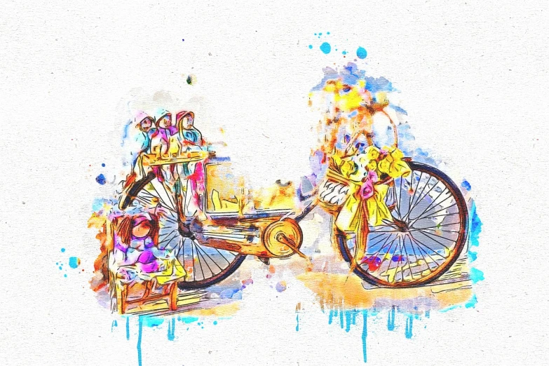 a watercolor painting of a bicycle with people on it, trending on pixabay, process art, mixed media style illustration, a beautiful artwork illustration