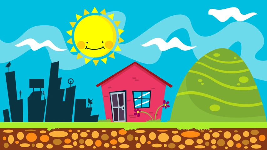 a cartoon house with a sun in the background, by Maria Helena Vieira da Silva, shutterstock contest winner, naive art, 2d game background, soil, children\'s illustration, webdesign icon for solar carport