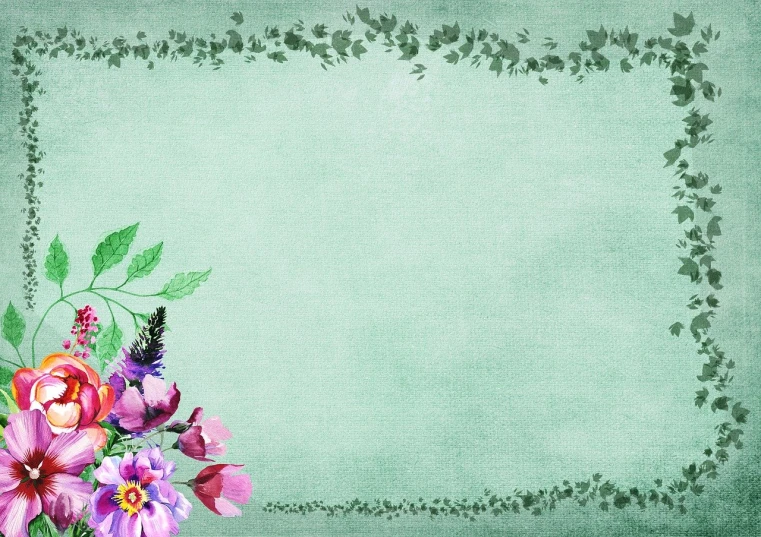 a bouquet of flowers sitting on top of a table, a watercolor painting, trending on pixabay, green wallpaper background, paper texture 1 9 5 6, banner, pc screen image