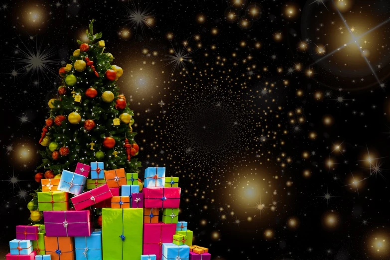 a pile of presents with a christmas tree in the background, a digital rendering, by Aleksander Gierymski, pixabay, black background with stars, amazing colorful background, still life photo of a backdrop, background image