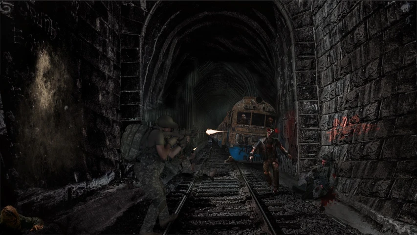 a group of people walking through a tunnel, a detailed matte painting, by Artur Tarnowski, zbrush central contest winner, attack zombie during worldwar 2, gothic locomotive, gmod, inside the train