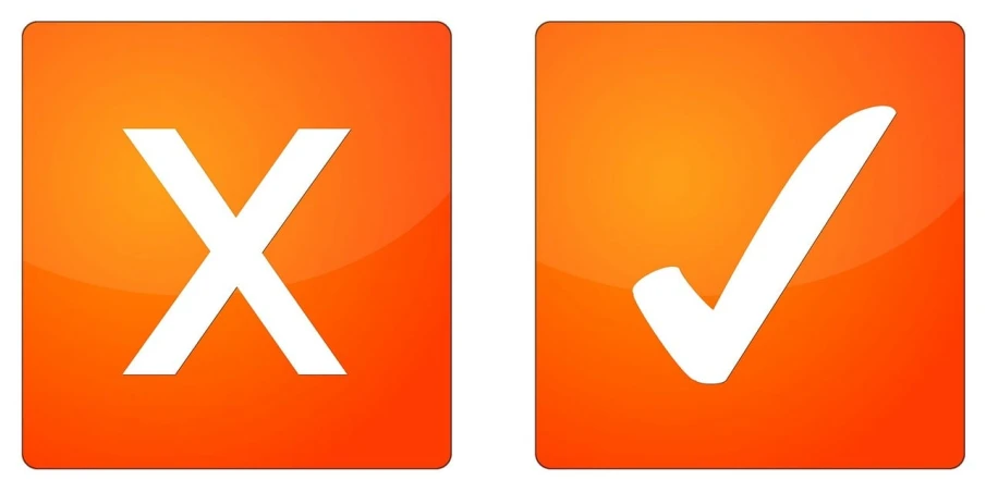 a pair of orange buttons with a check mark on them, by Kurt Roesch, shutterstock contest winner, symbolism, thick squares and large arrows, kanye, material design, x logo