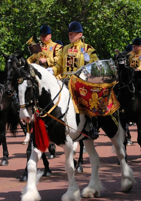 a group of men riding on the backs of horses, by Robin Guthrie, pixabay, with a gold crown, wearing a general\'s uniform, black and yellow and red scheme, in a flowing white tailcoat