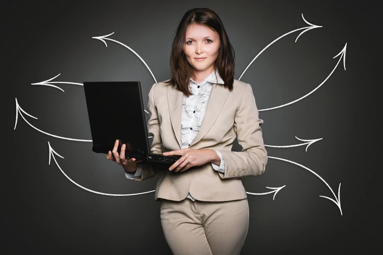 a woman in a business suit holding a laptop, a portrait, trending on pixabay, computer art, the rules of proportion, rotating, with intricate detail, taking control while smiling