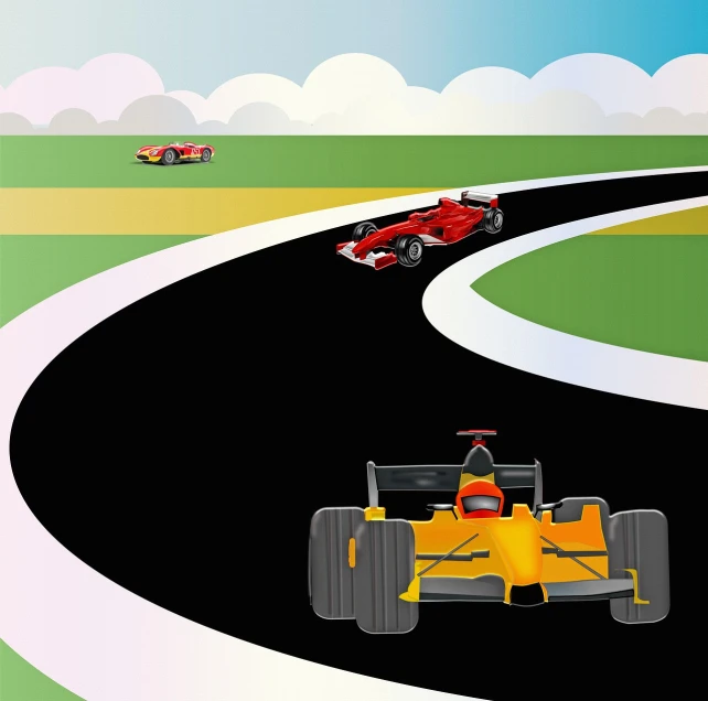 a yellow race car driving down a winding road, vector art, digital art, massive vertical grand prix race, over the horizon, runway, scarlet and yellow scheme