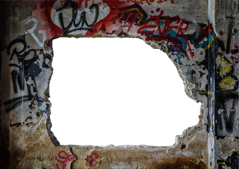 a hole in a wall covered in graffiti, graffiti art, inspired by Wolf Vostell, pexels, graffiti, black backround. inkscape, isolated background, movie frame, detailed image