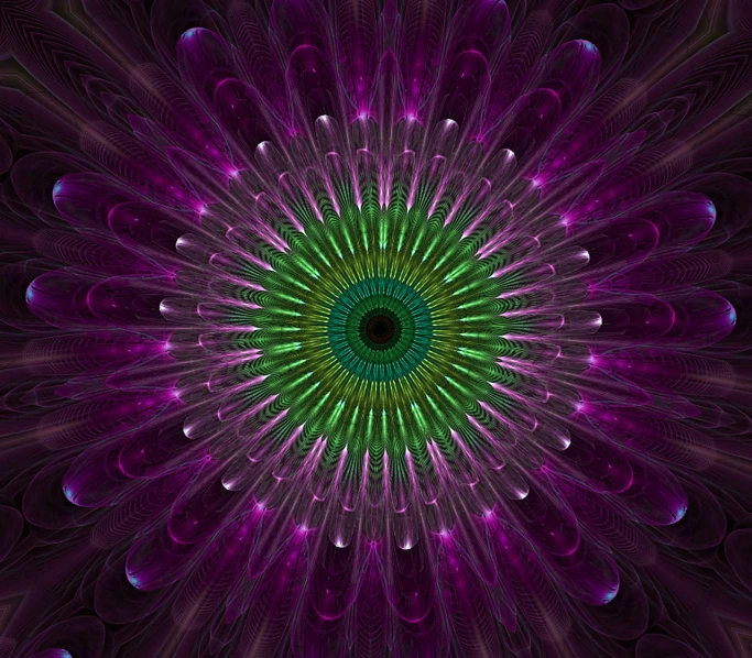 a computer generated image of a purple and green flower, by Daniel Chodowiecki, flickr, generative art, intricate eye detail focus, fractal pattern background, purple sun, iris human's eye photo