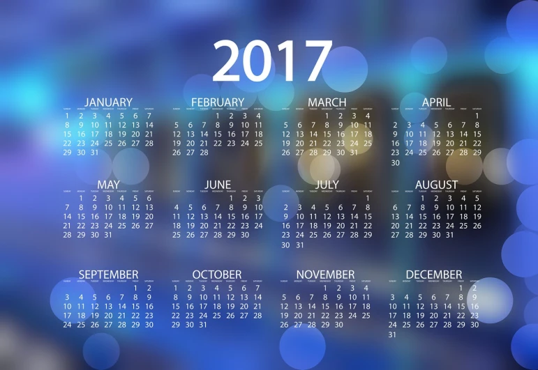 a calendar for the year 2017 on a blurry background, blue colored, various posed, official illustration, an illustration