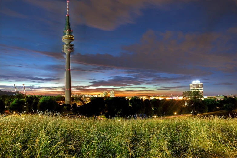 a tall tower sitting in the middle of a lush green field, by Emanuel Büchel, flickr, night city in the background, kreuzberg, antenna, vertical wallpaper