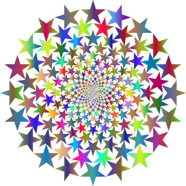 a multicolored star design on a black background, a raytraced image, flickr, mandalas, many stars, full of colour 8-w 1024, no gradients