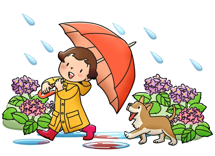 a child walking in the rain with an umbrella and a dog, a digital rendering, by Nishida Shun'ei, pixabay, naive art, on black background, no gradients, cartoon style illustration, gardening