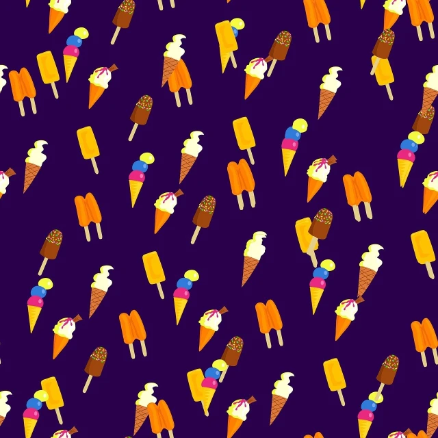 a group of ice cream cones on a purple background, a cartoon, tumblr, conceptual art, large patterns, tom hammick, deep purple and orange, on a dark background