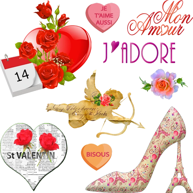 a collection of valentine's day items on a black background, a picture, by Valentine Hugo, dada, highly detailed amour, y2k!!!!!!, style of flavie audi, clip art