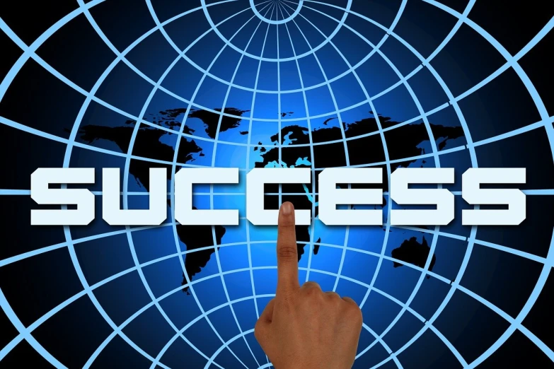 a hand pointing to the word success in front of a world map, pixabay, excessivism, stock photo, computer generated, great masterpiece, hands raised