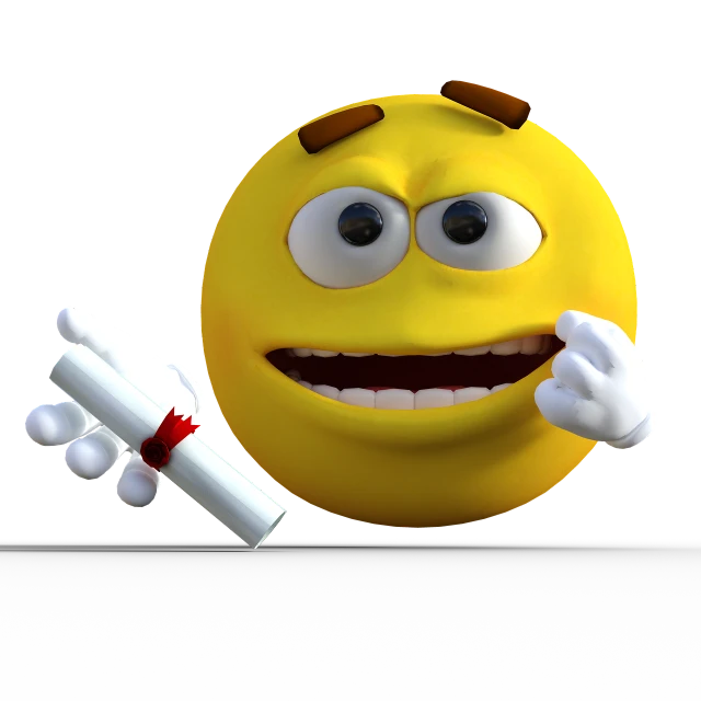 a yellow emoticion with a graduation cap and diploma, by Dietmar Damerau, academic art, scientific depiction, menacing!, m & m figure, with a hurt expression