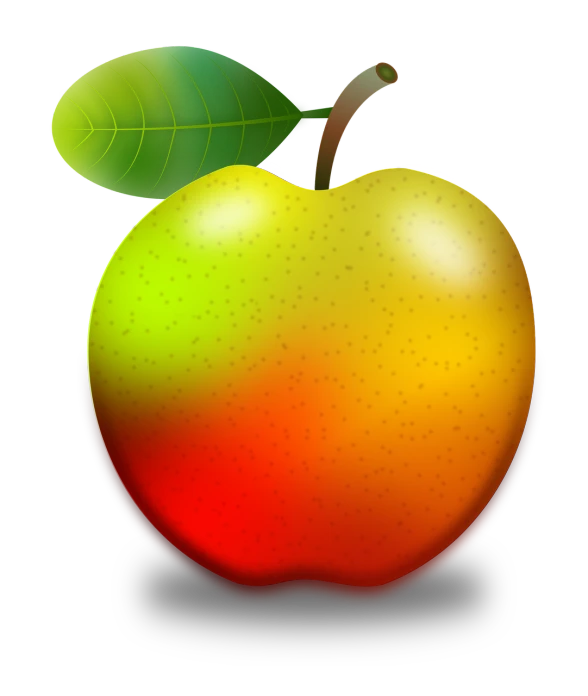 an apple with a leaf on a black background, digital art, clipart, yellows and reddish black, smooth illustration, colorful illustration