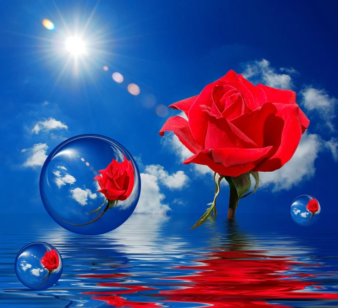 a red rose sitting on top of a body of water, digital art, blue sunshine, soap bubble, ray tracing reflection, marvellous reflection of the sky