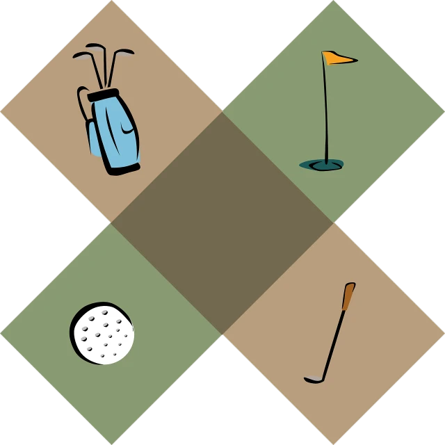 a bunch of different types of golf equipment, inspired by Masamitsu Ōta, conceptual art, squares, background ( dark _ smokiness ), simplified shapes, diamond
