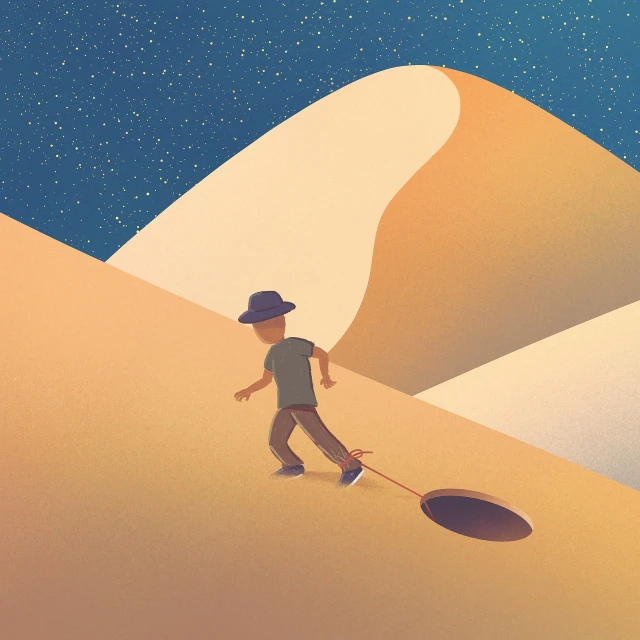 a man riding a skateboard down a sandy hill, trending on behance, digital art, lost in a cave, children\'s illustration, universe in a grain of sand, shaded flat illustration
