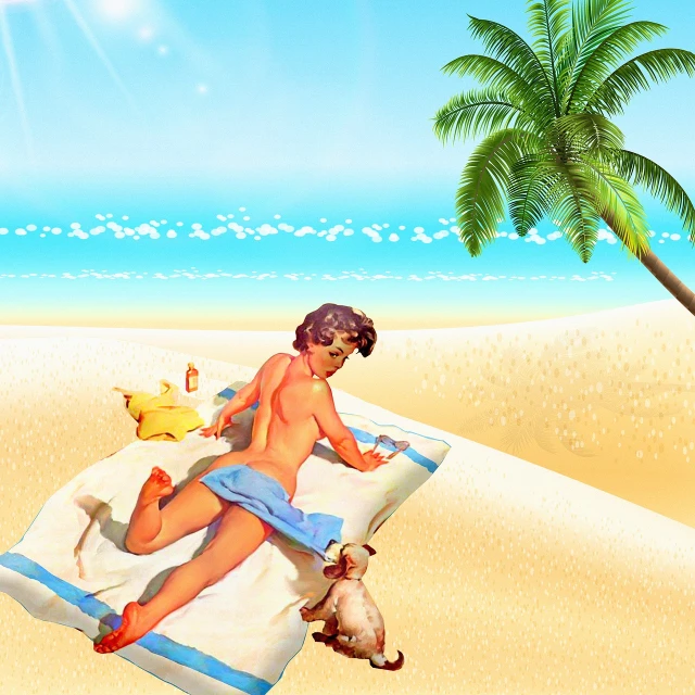 a woman laying on top of a towel on top of a beach, an illustration of, inspired by Bunny Yeager, deviantart contest winner, 3 d cg, cartoon style illustration, mobile game background, pin-up