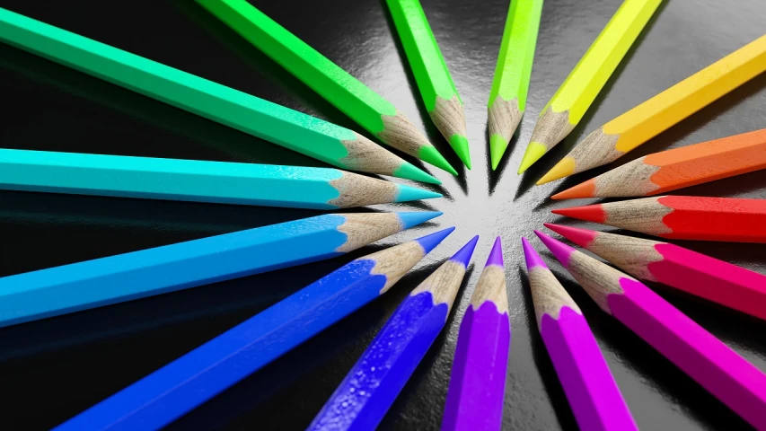 a group of colored pencils arranged in a circle, a picture, neon color bioluminescence, istockphoto, sharp contrast, two colors