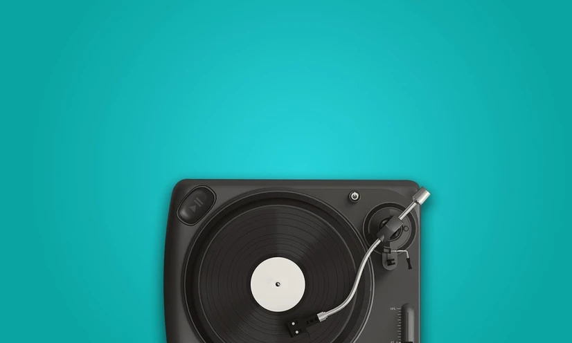 a record player sitting on top of a turntable, an album cover, trending on pixabay, pop art, teal studio backdrop, istockphoto, material design, high angle close up shot