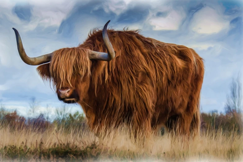 an animal that is standing in the grass, a digital painting, inspired by Giuseppe Bernardino Bison, trending on pixabay, digital art, half man half angus bull, in scotland, similar to hagrid, animal horn