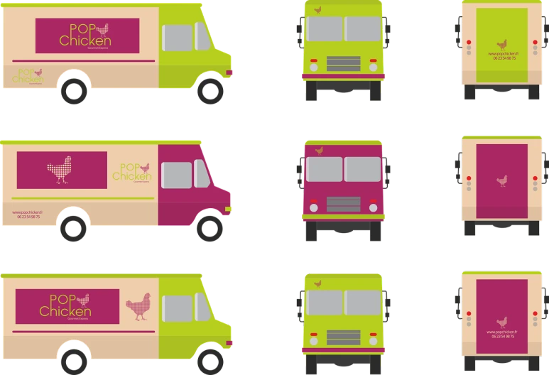 a variety of food trucks on a black background, a digital rendering, by Carey Morris, brown and magenta color scheme, chartreuse color scheme, chicken, corporate animation style