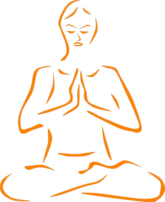 a drawing of a woman sitting in a lotus position, figuration libre, orange neon, praying posture, the background is black, clipart