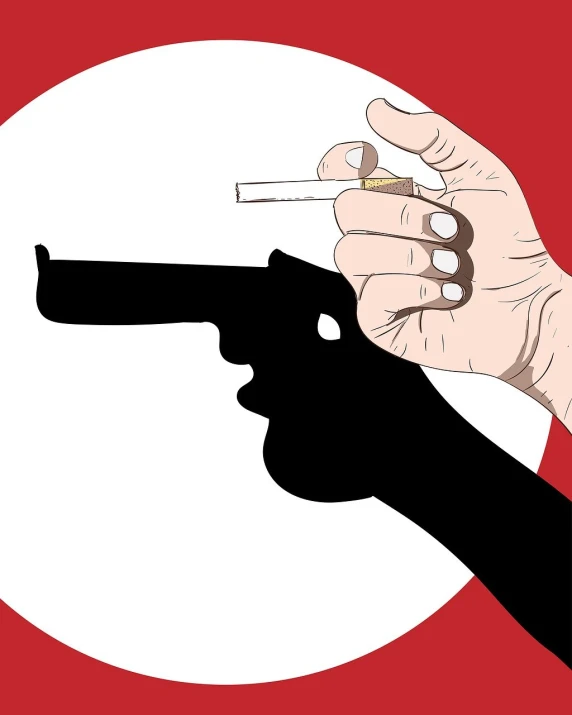 a person holding a cigarette and a gun, an illustration of, conceptual art, high contrast illustration, point finger with ring on it, let's get dangerous, wikihow illustration