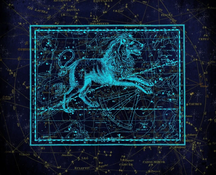 a drawing of a dog on a constellation map, an illustration of, roaring blue lion. majestic, chalk digital art, antique, unknown zodiac sign