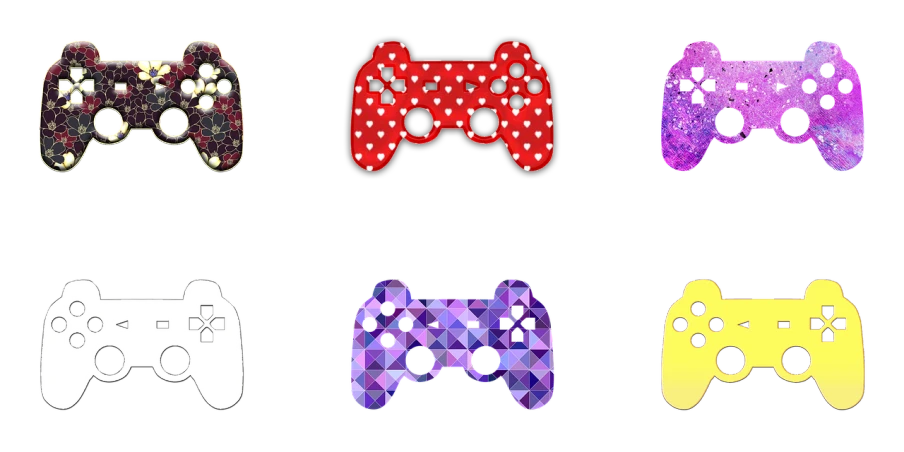 four different colored video game controllers on a black background, digital art, inspired by Yahoo Kusama, shutterstock, pop art, purple and scarlet colours, the sims 4 texture, mosaic style, by :5 sexy: 7