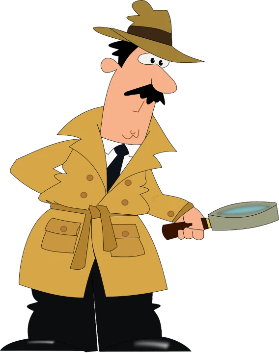 a man in a trench coat holding a magnifying glass, figuration libre, animated cartoon series, he is wearing a trenchcoat, he has big knives on his belt, explorer
