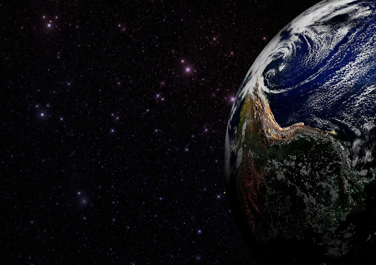 a view of the earth from space with stars in the background, a picture, other worlds, banner, background image, mother earth