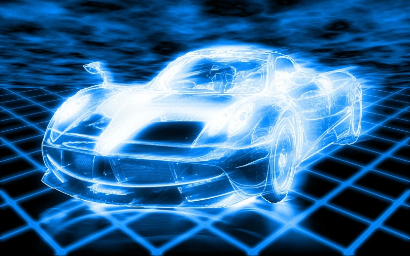 a close up of a car on a grid, a raytraced image, inspired by Harry Haenigsen, holography, flash photo, flashy modern background, blue lightning, award winning”