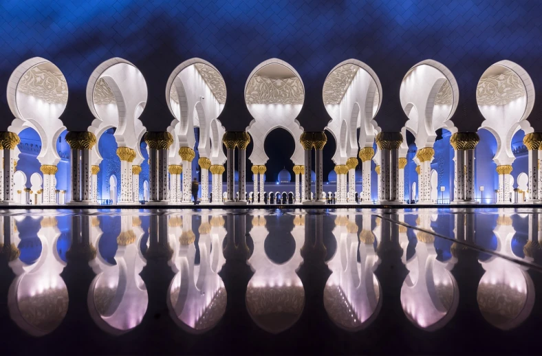 a group of arches sitting next to each other, a picture, by Erik Pevernagie, pexels contest winner, arabesque, reflection of led lights, arabian art, immaculately detailed, intricate foreground