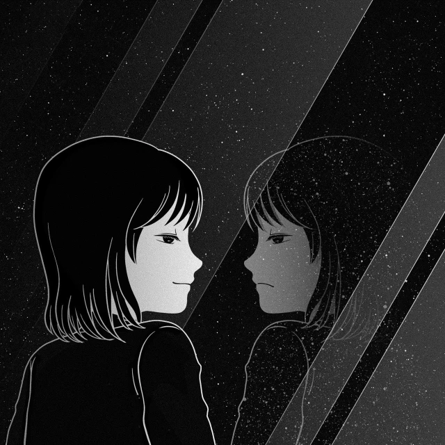 a girl looking at her reflection in a mirror, inspired by Ayami Kojima, conceptual art, dark and stars in the background, minimalist line art, sisters, black and white color aesthetic