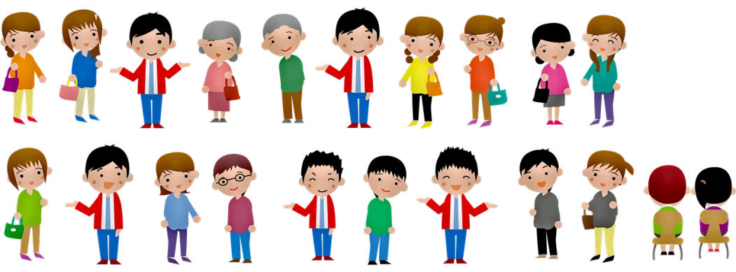 a group of people standing next to each other, a cartoon, by Okada Beisanjin, trending on pixabay, mingei, grandma, on black background, taiwan, dad